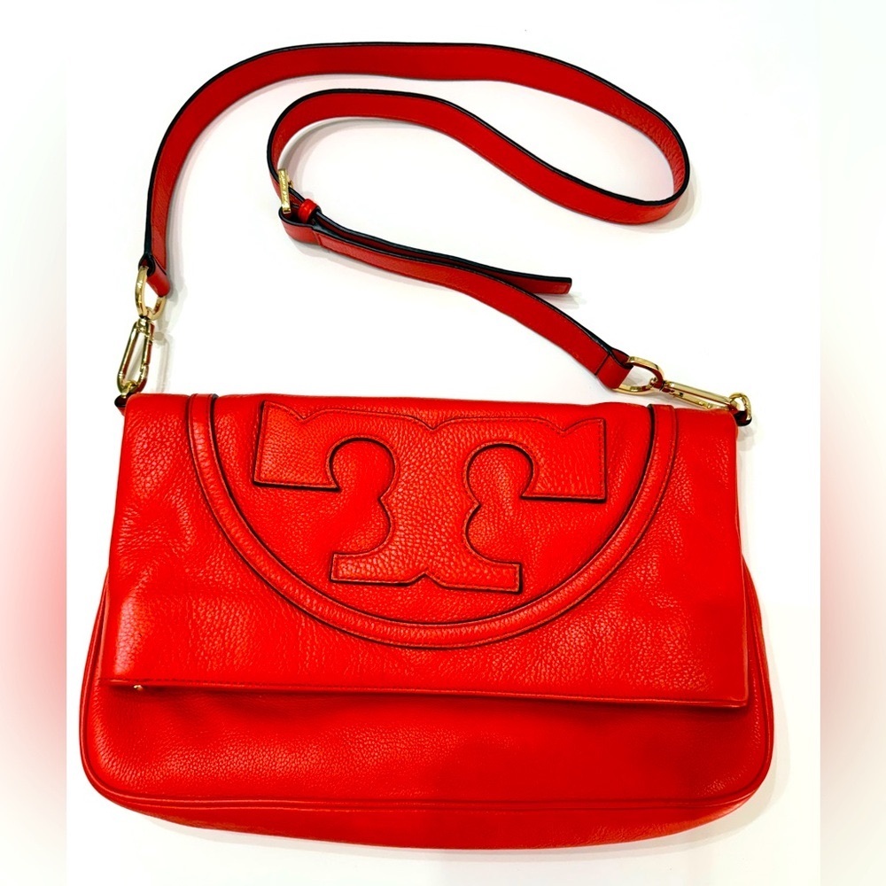 Tory Burch All T Suki Foldover Bag in Chili Orange Color